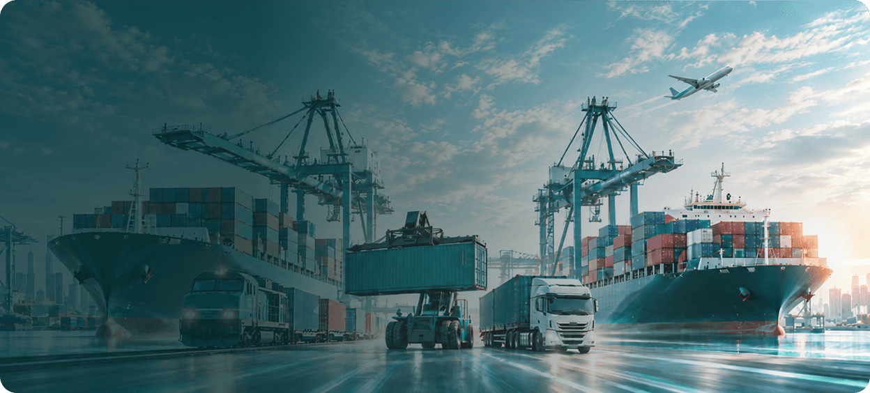 Cargo ships, containers, trucks, and an aircraft representing JK Fenner exports